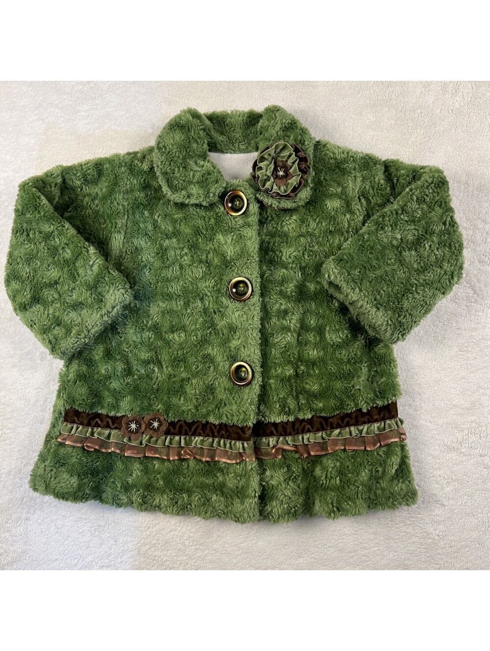 Corky & Co Girls 3T Green Swirl Faux Fur A-Line Coat Ruffle Trim Boutique